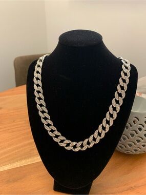 Paved 20 Inch Cuban Link Necklace - Sparkling Silver Tone
